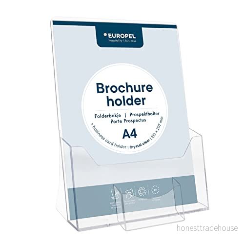EUROPEL Broschyr och broschyrhållare med visitkortfack för litteratur i A4 storlek, kristallklar akrylkonstruktion, häfte, flygblad menydisplay & dispenser, porträtt 8713931500731