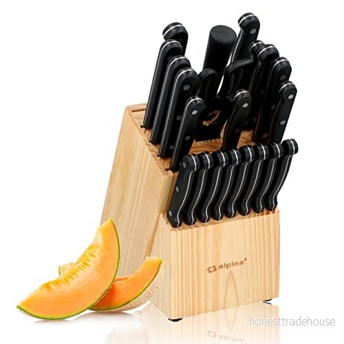alpina knivblock 22 delar knivset med block köksknivset 18 olika knivar inkl. Skärpa och sax non stick beläggning 21 x 15 cm av trä 8711252122922