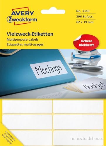 Avery 3340 Universaletiketter - 62 x 19 mm - 392 Etiketter - Vit 4004182033401