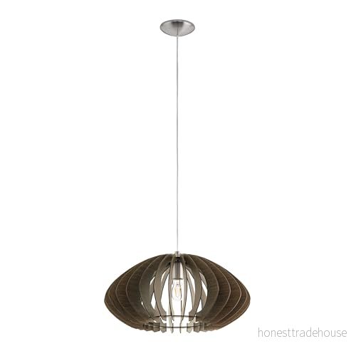 EGLO Pendellampa Cossano 2, 1 flamig hänglampa vintage, av stål och trä i nickelmatta, mörkbrun, matbordslampa, vardagsrumslampa hängande med E27 fattning, Ø 50 cm 9002759952617