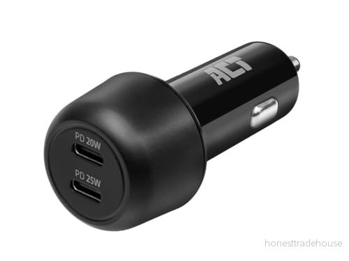 ACT Cigarettändare USB C, 45 W (PD 25 PD20 W), snabbladdning billaddare adapter 2 portar, C för Apple och Android AC2200 8716065489880