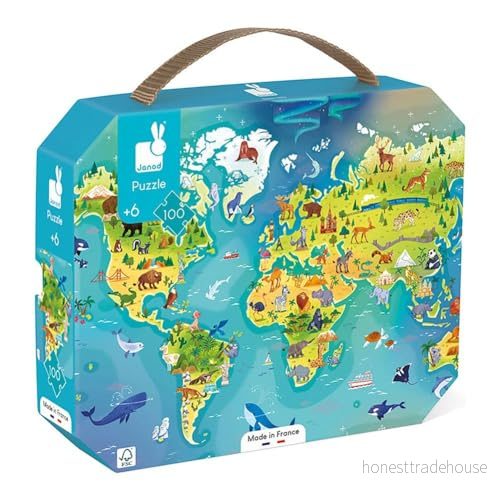 Janod Puzzel DE Wereld Pussel för barn, Storlek: One Size, Multi coloured 3700217326074