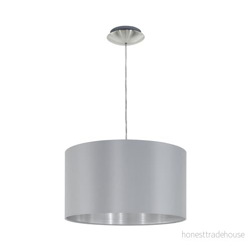 Eglo pendellampa Maserlo, 1 glödlampa textil pendellampa, hängande lampa av stål och tyg, färg: nickel matt, grå, silver, fattning: E27, Ø: 38 cm, x 110 cm 9002759316013