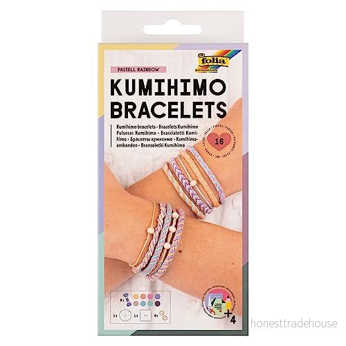 folia 32039 Kumihimo Bracelets Passel Rainbow, pysselset för armband, 16 delar med garn, knappskivor och pärlor, inkl. instruktioner 4001868130003