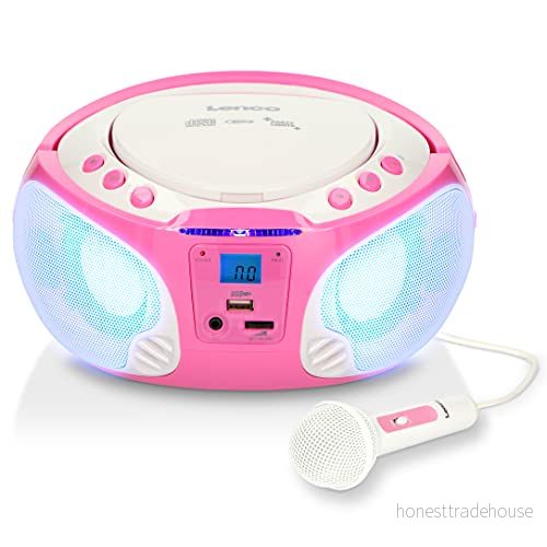 Lenco SCD 650 Stereo Boombox för Barn med FM Radio, CD, MP3, USB Playback, Disco Ljus och Karaoke Mikrofon, Rosa 8711902034971