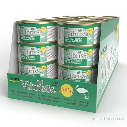 Croci Vibrisse Våtfoder i gelé för katter baserat på tonfisk och vita fiskar, god gelémat, 24 burkar 70 g 8023222154278