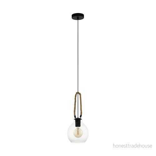 EGLO hängande lampa Roding, 1 glödlampa pendelbelysning vintage, belysning av klart glas, svart metall och naturligt rep, för vardagsrum, E27 uttag 9002759436179