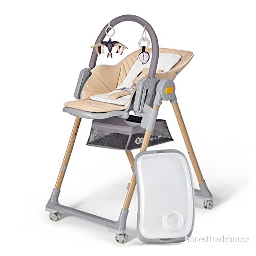 Kinderkraft LASTREE Hög barnstol 2-i-1, Liggdel och för matning från födseln, Ryggstödsjustering, Liggande position, med Babymobil leksaker, Beige 5902533917303